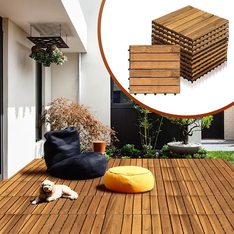 Jiubiaz Dalle en bois Acacia 30 x 30 Dalles à clipser Balcon Dalles de terrasse Dalles de terrasse en bois Système à clipser Extérieur,résistant aux intempéries,antidérapant 66x