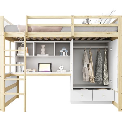Lit mezzanine 90x200 cm avec échelle, bureau intégré, rangements, armoire et tiroirs – couleur bois (1/5)