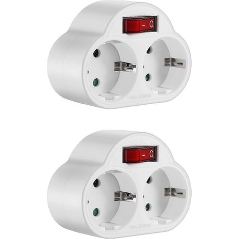 Adaptateur à 2 prises avec interrupteur, prise murale portable 250V 16A 3680W, compatible avec une utilisation au bureau, à la maison et en voyage, prise standard européenne (kns). (1/5)