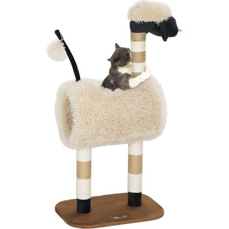 Katzenbaum im Schaf-Design, mit Kratzpfosten, Tunnel und Spielzeug, 98 cm, Hellbraun