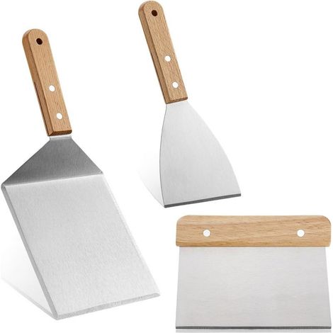 Kit Accessoires Barbecue, Spatule Plancha Inox, Métal Spatules Plate, Coupe Pâte, Cadeau pour Homme, Professionnelle Cuisine Teppanyaki Camping Barbecues, 3 Pièces - (1/4)