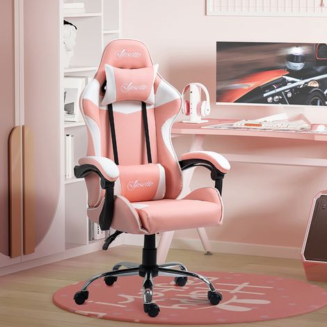 Sedia da gaming, sedia da scrivania reclinabile a 135°, poggiatesta e cuscino lombare, 63x67x122-130 cm, rosa