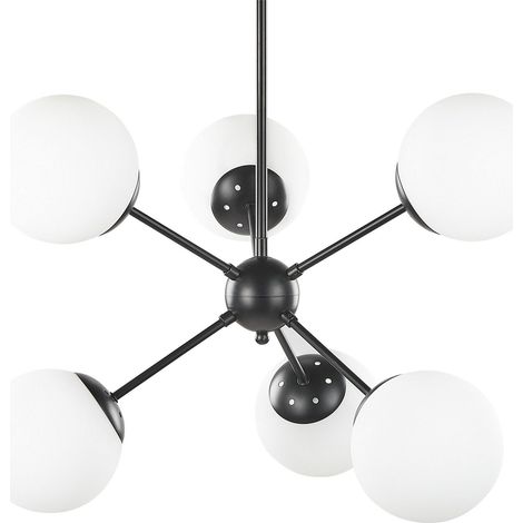 Lampe Suspendue Moderne à 6 Places d'Ampoules en Verre Blanc et Forme de Globe Tiges Noires Adawro