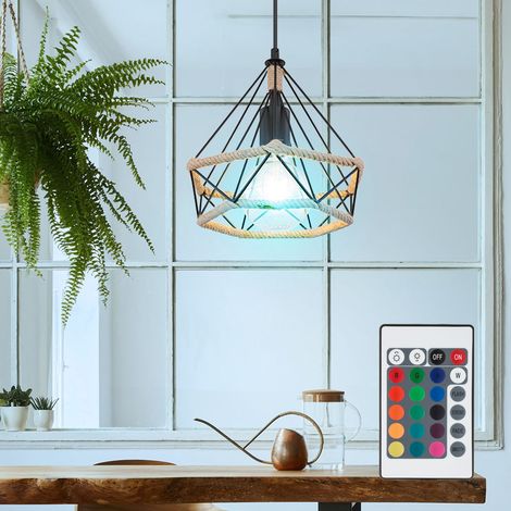Lampada a sospensione dimmerabile con telecomando lampada da soggiorno vintage lampada a sospensione in stile country nera, cambio colore RGB, corda di canapa a forma di diamante, 8,5 W 806 lm (1/5)