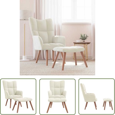 The Living Store Chaise de relaxation avec repose-pied Blanc crème Velours - Fauteuil Relaxant - Chaise Lounge - Chaise Confortable - Mobilier Salon - Décoration Intérieure (1/5)
