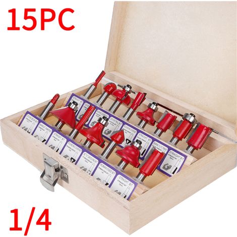 Kit 15 pièces fraises à bois en carbure pour défonceuse, coupe à tronçonner et graver, queue de 6,35 mm (1/4 pouce) (1/5)