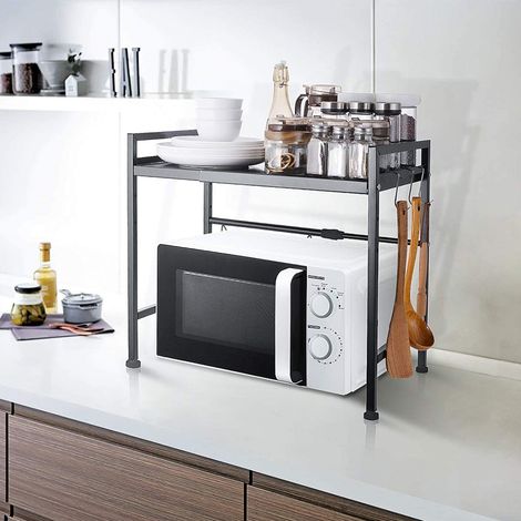 Étagère de Cuisine Télescopique en Acier Carbone pour Four à Micro-Ondes, Support de Four à Micro-Ondes Extensible avec 6 Crochets, Micro-Ondes Rack, Noir (1/5)