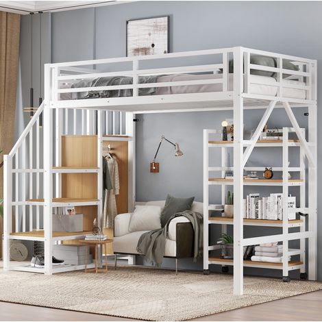 Cama alta 90x200 cm blanco natural de metal y MDF con estante con ruedas (1/5)