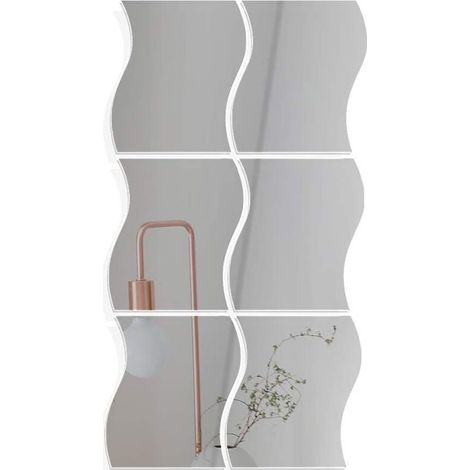 6 silberne Wandaufkleber mit Spiegelmotiv, Wellenform, selbstklebend, DIY-Wandtattoo, stilvoller Spiegel für Zuhause, Büro oder Schlafzimmer – 14 x 19 cm (1/5)