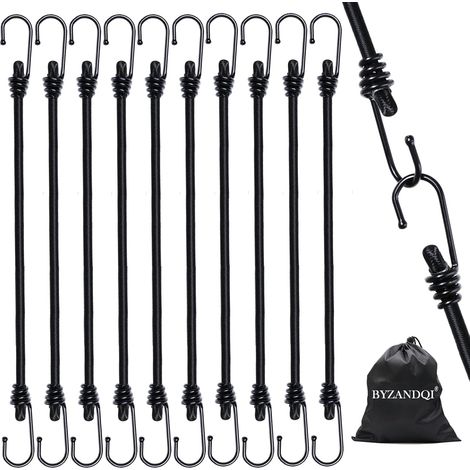 Tendeur Élastique - Lot de 10 - Caoutchouc Noir 30cm - Crochet Acier - Pour Vélo Voile Jardin (1/5)