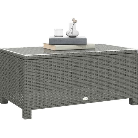 Outsunny Garden Rattan Side Table,Wicker Coffee Desk, Glass Top Light Grey