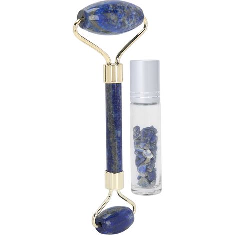 Rouleau de Massage Facial en Pierre de Lasurite avec Flacon d'Huile Essentielle Intégré (1/5)