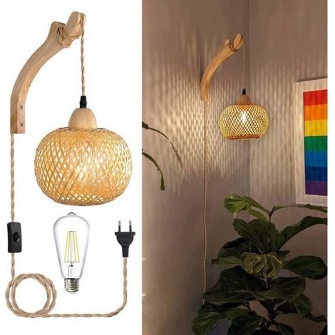 Applique Murale - Bois Massif Rotin - E27 - 20x15cm Abat-jour - 21x2 5x25cm Support - 3m Corde - 1 Piece (1/4)
