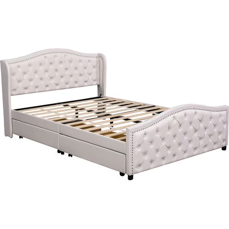 Cama tapizada 140 x 200 cm con somier de láminas, 2 cajones, cabecero capitonado, blanco - HOMVRA (1/5)