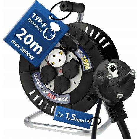 Enrouleur de câble électrique 20m IP44 4 prises Schuko Type F Câble 3x1.5mm Protection thermique Noir - HOROZ ELECTRIC (1/5)