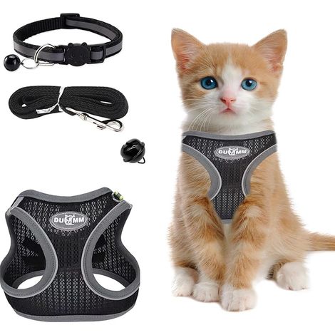 Harnais pour Chat avec Laisse Anti-éclatement, Harnais réglable pour Chat, Doublure Lombaire Douce et Maille Respirante avec Bandes réfléchissantes, pour lentraînement en Plein air (Noir XXS)