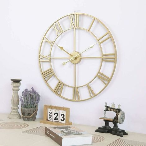 Grande orologio da parete retrò in ferro, rotondo, silenzioso, a batteria, con numeri romani, stile vintage, ideale per arredare il soggiorno. (1/4)