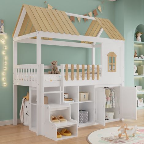 Lit superposé cabane enfant – Placard avec porte, escalier banc à chaussures, toit marron – Bois laqué (1/5)