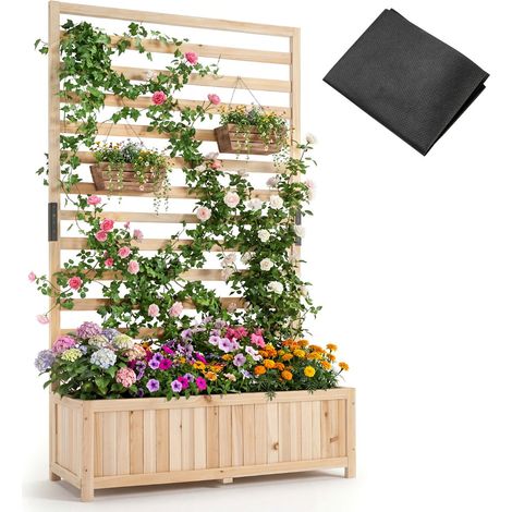 Jardinera elevada de madera para plantas trepadoras 90 x 34 x 150 cm con enrejado decorativo y revestimiento natural 200018732