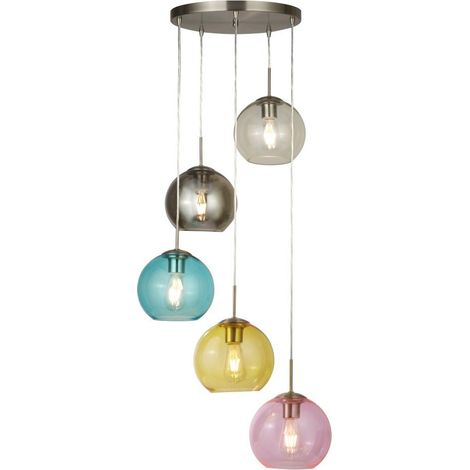 Searchlight Mardi Gras - Pendentif à 5 grappes de lumière argent satiné, bleu, fumé, jaune, rose, E27 (1/3)