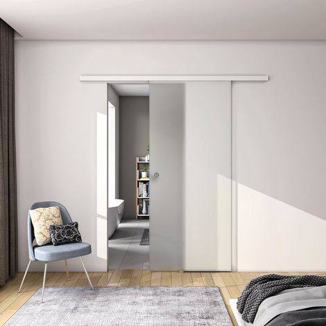 Aica Sanitaire – Porte coulissante 100x225cm en verre sécurit sablé 8mm – Rail aluminium blanc pré-percé – Installation silencieuse à gauche/droite (1/5)