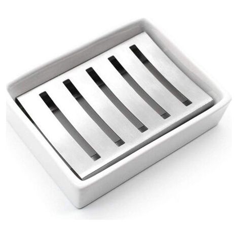 Porte-Savon en céramique Porte-Savon en Acier Inoxydable pour Salle de Bains et Douche Double Couche Drainant Soap Box (1/5)