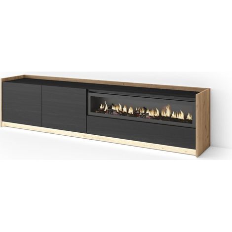 Skraut Home - Mueble TV, Televisión, Muebles de salón, almacenaje, 207x37x50cm, Para TV hasta 80", Chimenea eléctrica, LED, Estilo Moderno, Negro y roble (1/5)