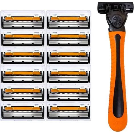 rasoir electriques hommes-Lames de rasoir triples orange et noires pour hommes – Compatibles avec rasoirs manuels (1 manche + 12 lames) – Système lubrification anti-irritation (1/4)