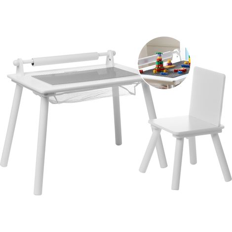 Mesa infantil con silla multifuncional rollo de papel adicional con cubierta MDF madera de pino blanco Moonta
