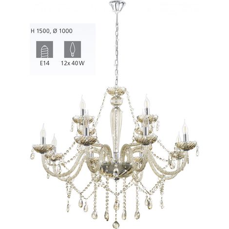 Lampadario A Sospensione Classico Basilano Acciaio Cromo Vetro 12 Luci E14 (1/4)