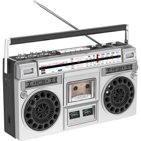Radio lecteur de cassettes rétro, lecteur CD rétro classique des années 80 Boombox, Boombox de cassette AM/FM, argent (1/5)