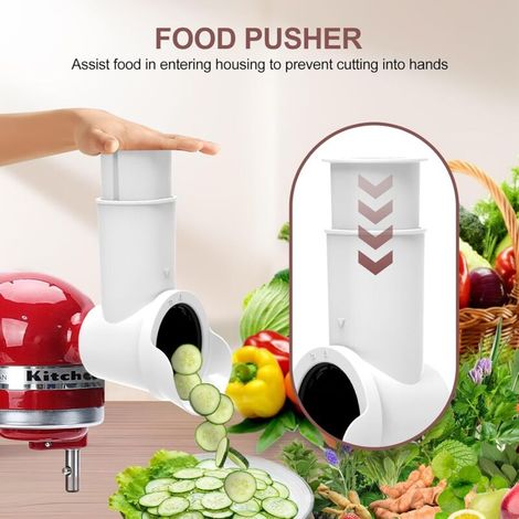 Accessoires pour robots pâtissiers KitchenAid : trancheuse/râpe, râpe à fromage, hachoir à légumes à 3 lames, compatible lave-vaisselle.