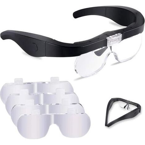 Lunette Loupe avec 2 LED, Frontale Grossissantes Casque Loupe Mains Libres avec 4 Lentilles Amovibles pour Lecture, Bijoutier, Couture, et Bricolage (1.5X-5X) (1/5)
