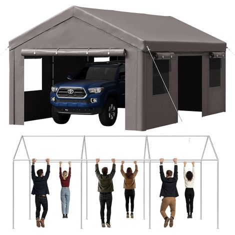 Aoxun Abri de voiture 3 x 6 m (10 x 20 pi) robuste, garage portable avec parois latérales et porte latérale enroulable, abri de rangement extérieur étanche pour voitures, motos et outils de jardin, gr (1/5)