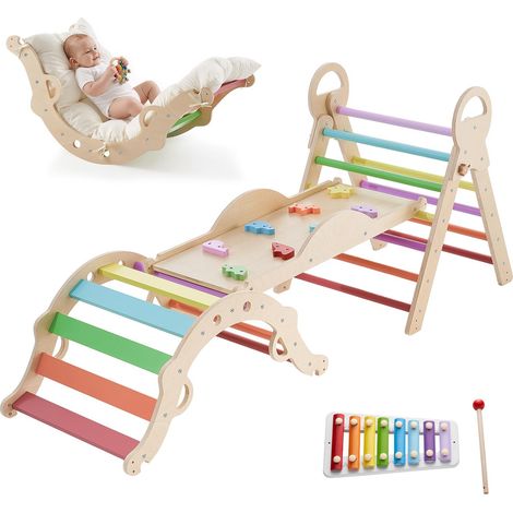 Pikler 9-in-1 Kletterbogen-Set, Indoor-Klettergerüst für Babys mit Xylophon, Kissen, Bogen und Rampe, Tragkraft 68 kg, faltbar, Montessori-Stil, Regenbogen (1/5)