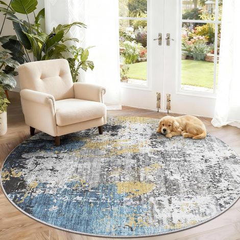 Tapis Rond Salon Lavable Antidérapant, Bleu Or, Ø120 cm (1/5)