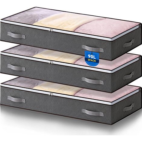 Boite Rangement Sous Lit 3 Pièces, Sac de Rangement Vetement 90L Housse de Rangement pliable Poignée Renforcée Avec Fermeture éclair Fenêtre Transparente Pour Rangement de Couette Vêtements (1/5)
