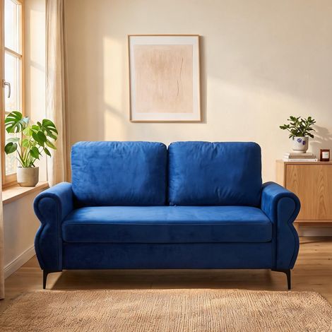 Canapé 2 places bleu avec accoudoirs fixes et revêtement en tissu (1/5)