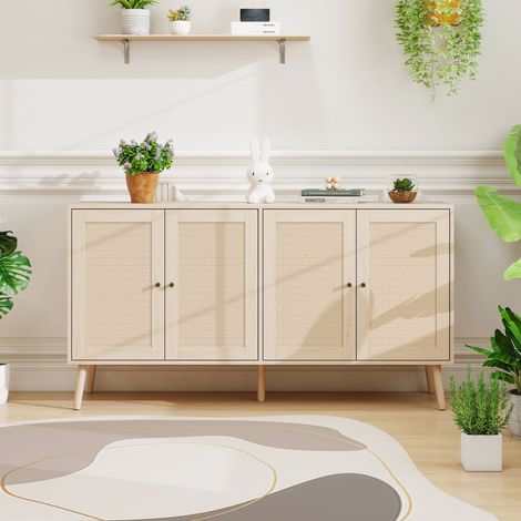 Sideboard Holz 150x40x80 cm mit 4 Türen und Wellenmuster, moderner Stauraumschrank für Wohnraum LINHOO (1/5)