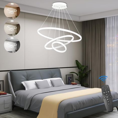 1 Lustre 3 Anneaux LED, Hauteur Réglable 150cm, Blanc Acrylique Aluminium, Dimmable Télécommande, Salon Salle à Manger