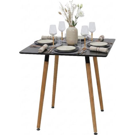 Table à Manger, carré, H x L x P : 75 x 75 x 75 cm, MDF et Bambou, pour 4 Personnes, scandinave, Noir/Naturel (1/5)