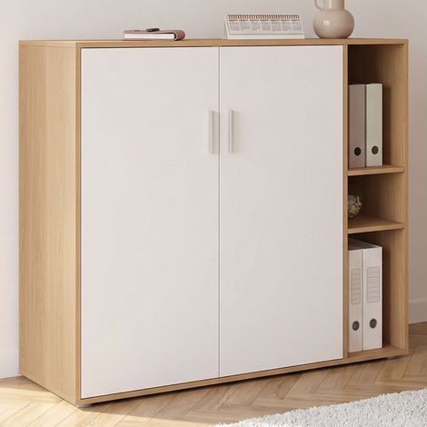 Armario bajo de oficina MARIA, con 2 puertas y estantes, en madera y blanco (1/5)
