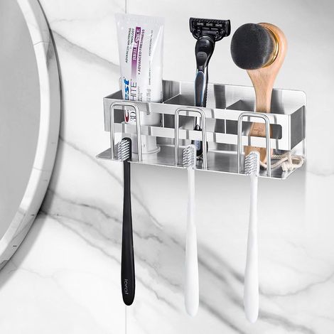 Soporte para cepillos de dientes con adhesivo, soporte para cepillos de dientes de acero inoxidable 304, soporte para cepillos de dientes con 3 compartimentos de almacenamiento. (1/3)