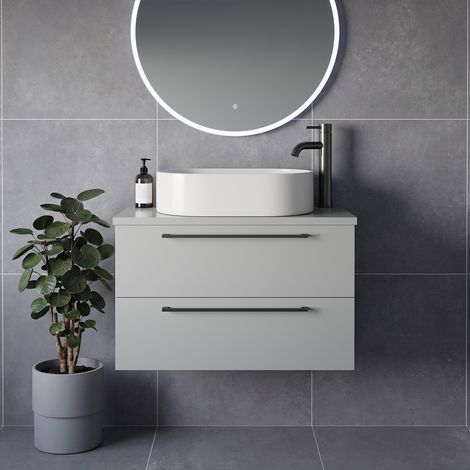 Napoli 390 Gloss Grey Pearl 800mm Wall Mounted 2 Drawer Vanity Unit for Countertop Basins - 800mm - Gunmetal Grey 480mm Handle