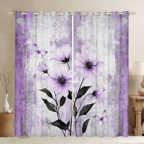 Rideau Occultant 140x260 cm Fleurs de Margarite D'Aquarelle, Rideau Peinture À l'huile Abstraite, Rideaux Voilage Ferme Rustique, Voilage Fenetre Ombre Violet Gris Blanc pour Chambre Salon - 140L X 26 (1/5)