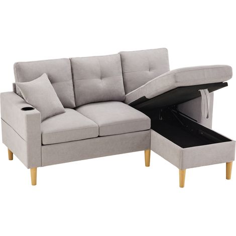 Divano angolare moderno L 3 posti con chaise longue, contenitore e portabicchieri (1/5)