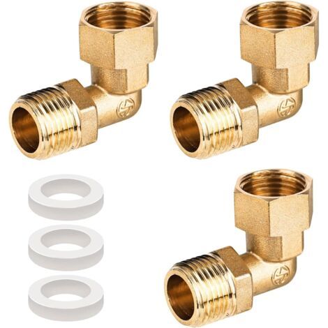Lot de 3 raccords mobiles en laiton 1/2", raccord coudé à 90°, filetage extérieur 1/2" x 1/2" IG, avec joint, convient pour l'eau potable, systèmes de chauffage central, accessoires de tuyau d'eau (1/5)