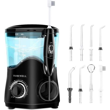 Hydropulseur Jet Dentaire avec 8 buses multifonctions, capacité de 600ml, 10 réglages de pression d'eau, approuvé FDA/CE Irrigateur Oral professionnel (Noir)