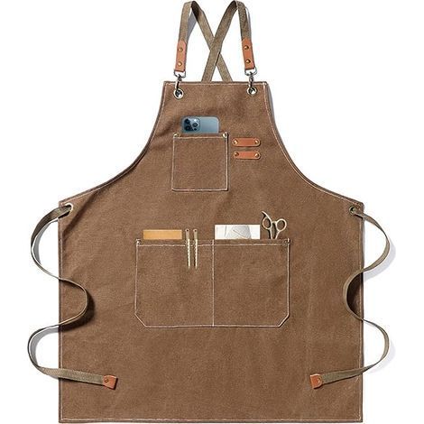 Tablier de chef, tablier de jardinage en toile de coton avec grandes poches pour hommes et femmes, bavoir de cuisine, tablier de jardin réglable robuste-Café (1/5)