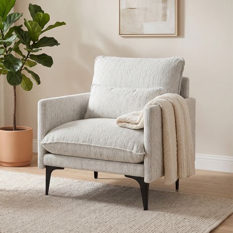 Fauteuil salon rembourré tissu effet lin, coussin lombaire pour un confort optimal, blanc (1/5)